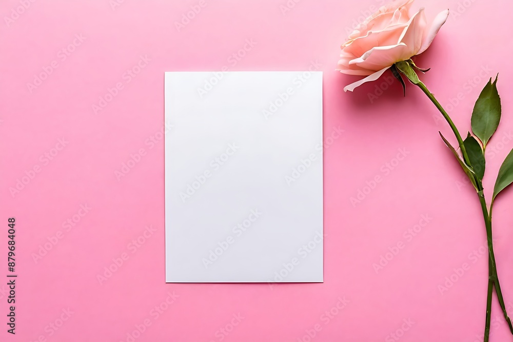 Blank greeting card mockup and flowers on pink background. Happy Mother's Day, Birthday, anniversary concept Blank greeting card mockup and flowers on pink background. Happy Mother's Day, Birthday, anniversary concept