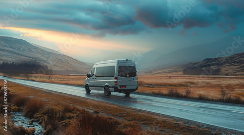 A delivery van driving on the beautiful countryside. Generative AI. © visoot