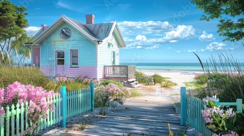 A charming coastal cottage with pastel colors, a picket fence, and a boardwalk leading to the sandy beach.
