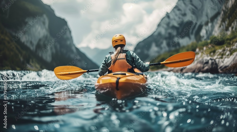Fototapeta premium Kayaker in helmet paddles in rough river waters with mountains.