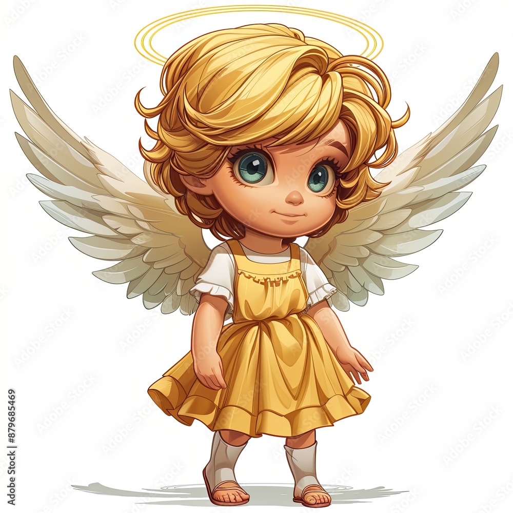 golden angel girl with a blonde wavy bob hairstyle sits on the floor, wearing a yellow dress and adorable white feather wings, This delightful image is isolated on a white background. golden angel girl with a blonde wavy bob hairstyle sits on the floor, wearing a yellow dress and adorable white feather wings, This delightful image is isolated on a white background.