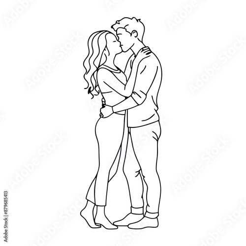 a couple engaging in a warm embrace and kiss, line art vector illustration