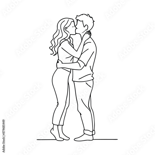 a couple engaging in a warm embrace and kiss, line art vector illustration