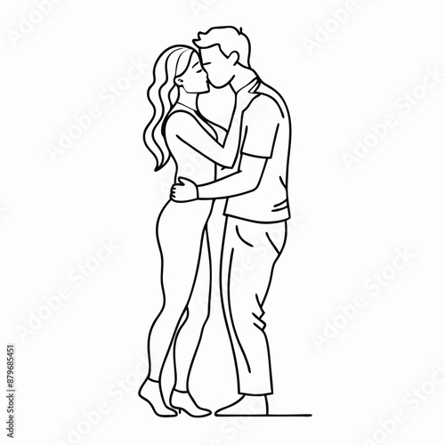 a couple engaging in a warm embrace and kiss, line art vector illustration