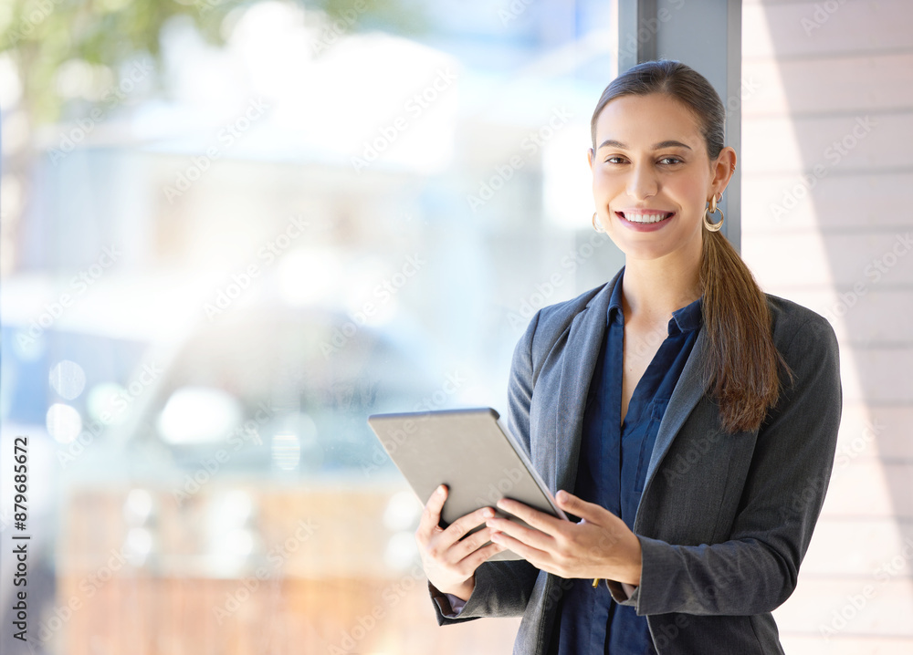 Portrait, happy and business woman with tablet by property for investment, real estate or home loan. Realtor, technology and female person with sale for networking, communication or open house Portrait, happy and business woman with tablet by property for investment, real estate or home loan. Realtor, technology and female person with sale for networking, communication or open house
