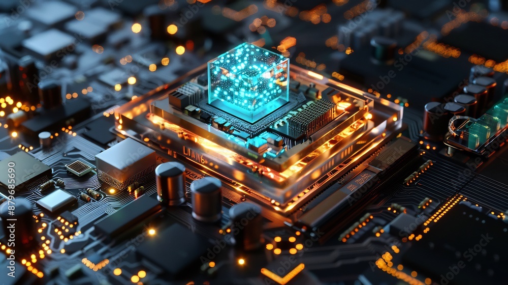 Futuristic Motherboard with Glowing Cube Futuristic Motherboard with Glowing Cube