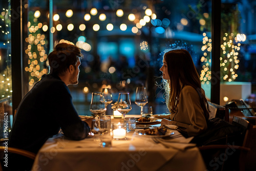 A couple dining at a fancy restaurant. couple dining restaurant fancy food romantic love table gourmet date.