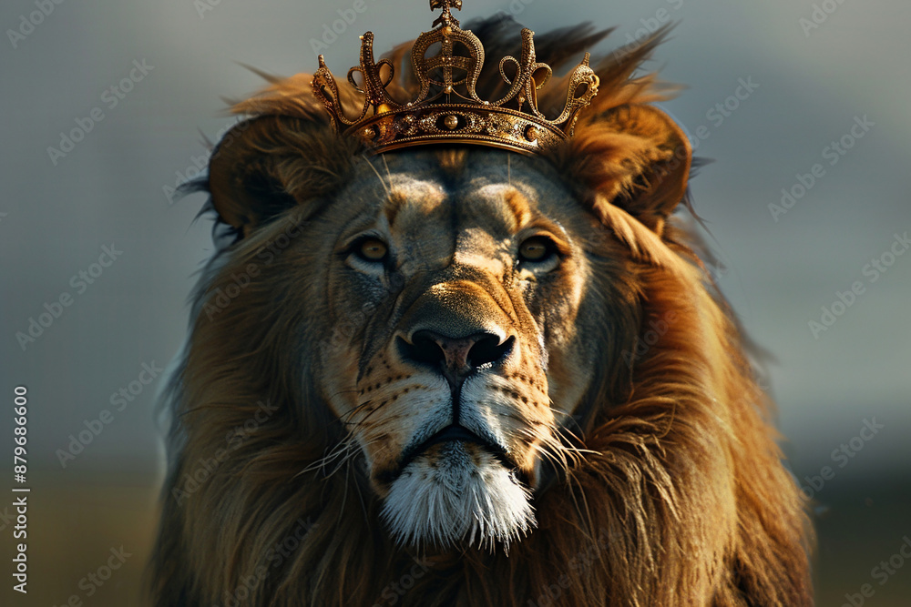 Naklejka premium A golden crown perched atop a regal lions head. golden crown perched atop regal lions head royalty.