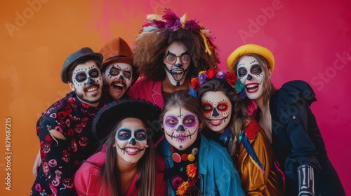 A group of friends dressed in colorful Dia de los Muertos costumes with painted skull faces, posing joyfully. Concept: festive celebration. photo