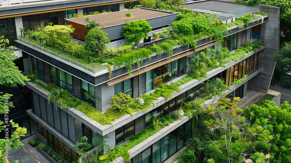 Eco-friendly office environment with rooftop garden flat design top view nature-integrated worksp Eco-friendly office environment with rooftop garden flat design top view nature-integrated worksp