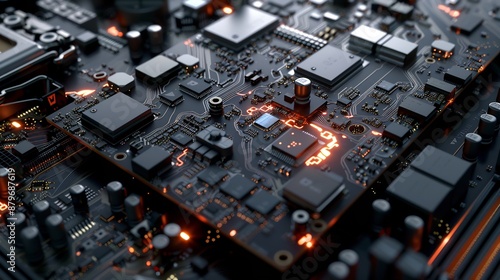 Close-up of a Computer Motherboard with Glowing Circuits