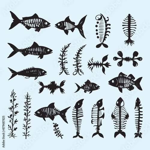 Fish bone line white silhouette icon set Clip art 