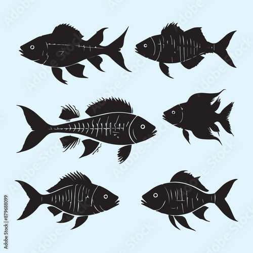 Fish bone line white silhouette icon set Clip art 
