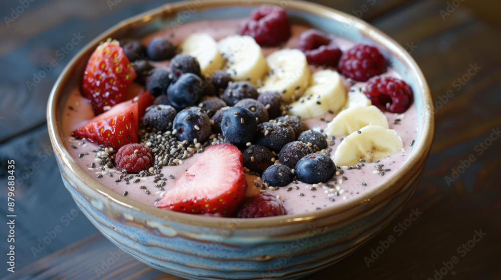 Fruit smoothie bowl with strawberries, blueberries, bananas, raspberries, and chia seeds in a ceramic bowl Fruit smoothie bowl with strawberries, blueberries, bananas, raspberries, and chia seeds in a ceramic bowl
