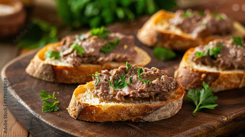 Bruschetta with pâté and fresh parsley garnish on wooden board Bruschetta with pâté and fresh parsley garnish on wooden board