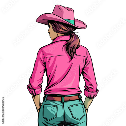 realistic vintage sketch cowgirl back view half