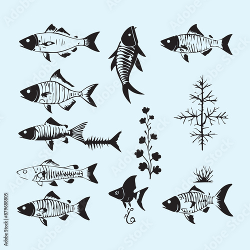 Fish bone line white silhouette icon set Clip art 