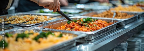Food Buffet with Various Dishes in Aluminum Trays