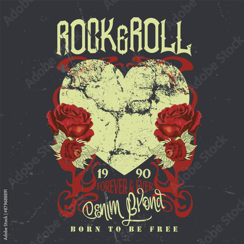 Rock and roll tour t shirt print design. Rockstar vector artwork t-shirt design. Rose vintage music poster artwork. Heart rock and roll vector design for t-shirt. Love rock tour artwork.