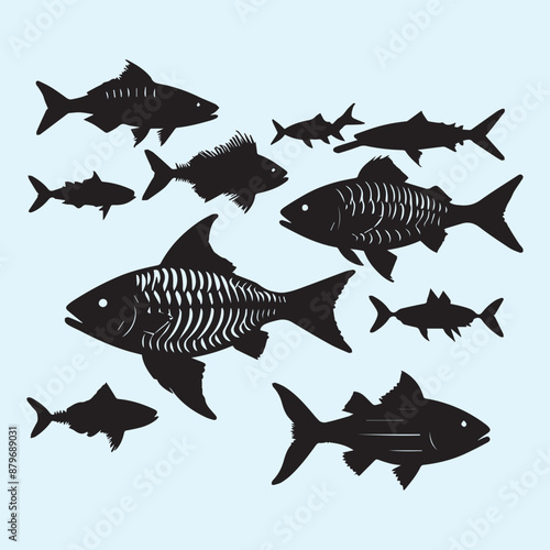 Fish bone line white silhouette icon set Clip art 