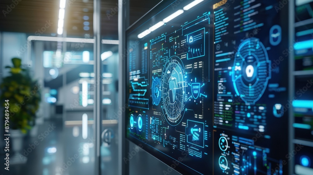 IAM system interface, showcasing user access control features, in a high-tech office setting, emphasizing digital identity management. IAM system interface, showcasing user access control features, in a high-tech office setting, emphasizing digital identity management.
