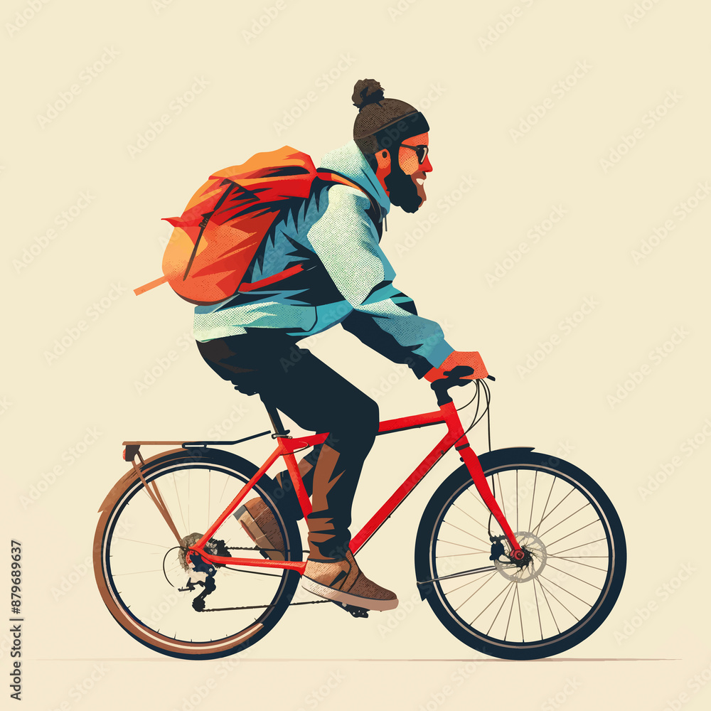 minimalistic vektor illustration of a man with a cap and a backpack, riding a bicycle, cycling, bike minimalistic vektor illustration of a man with a cap and a backpack, riding a bicycle, cycling, bike
