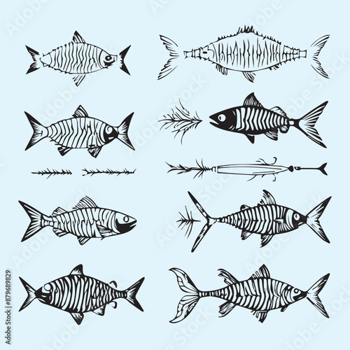 Fish bone line white silhouette icon set Clip art 