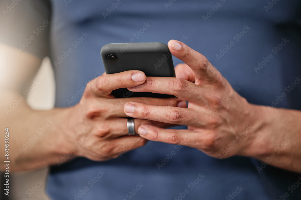 Hands, phone and man in gym on fitness mobile app browsing for body building workout routine. Health, research and male athlete with cellphone for exercise training tutorial online in sports center. Hands, phone and man in gym on fitness mobile app browsing for body building workout routine. Health, research and male athlete with cellphone for exercise training tutorial online in sports center.