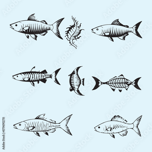 Fish bone line white silhouette icon set Clip art 