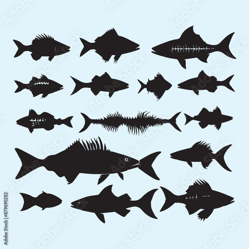 Fish bone line white silhouette icon set Clip art 