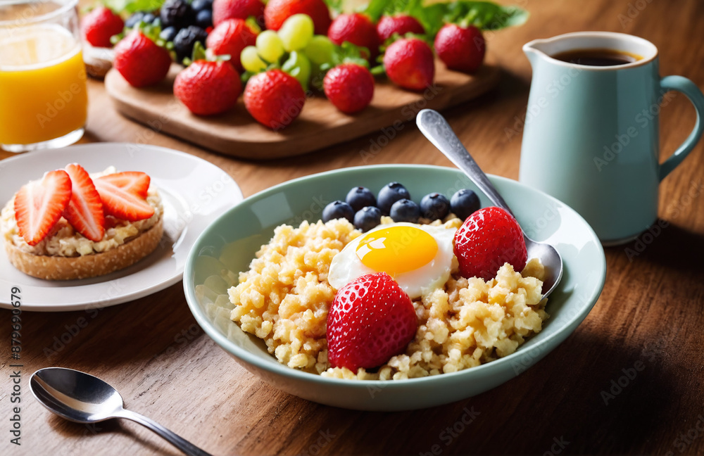 healthy and colourful breakfast served on table with drinks healthy and colourful breakfast served on table with drinks