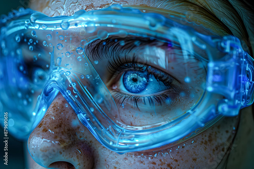 Wallpaper Mural Face of a female scientist with glasses with blue backlight close-up Torontodigital.ca