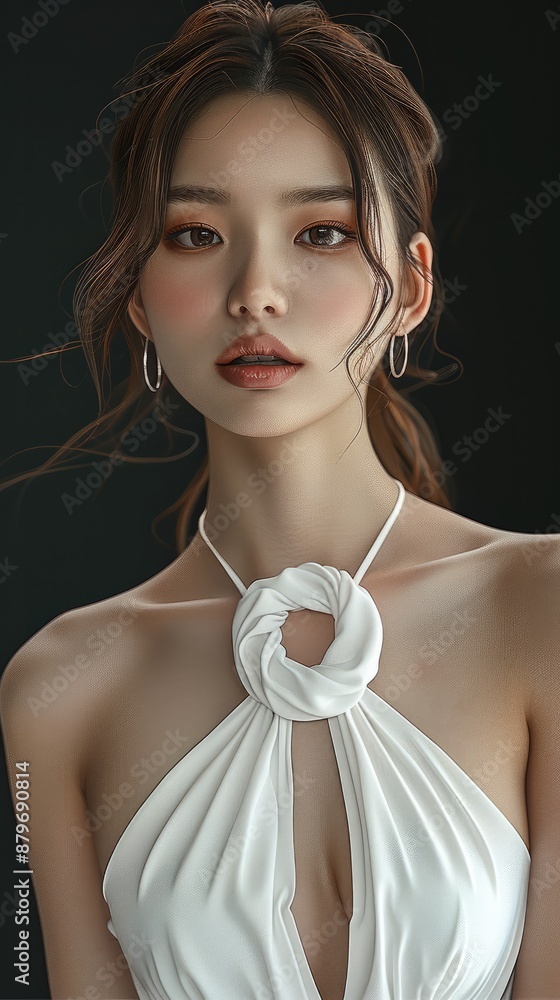 Φωτογραφία A beautiful female model with exquisite facial features, fair skin and double eyelids, wearing a white halter top dress, half body shot against a black background with studio lighting