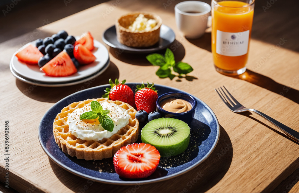 healthy and colourful breakfast served on table with drinks healthy and colourful breakfast served on table with drinks