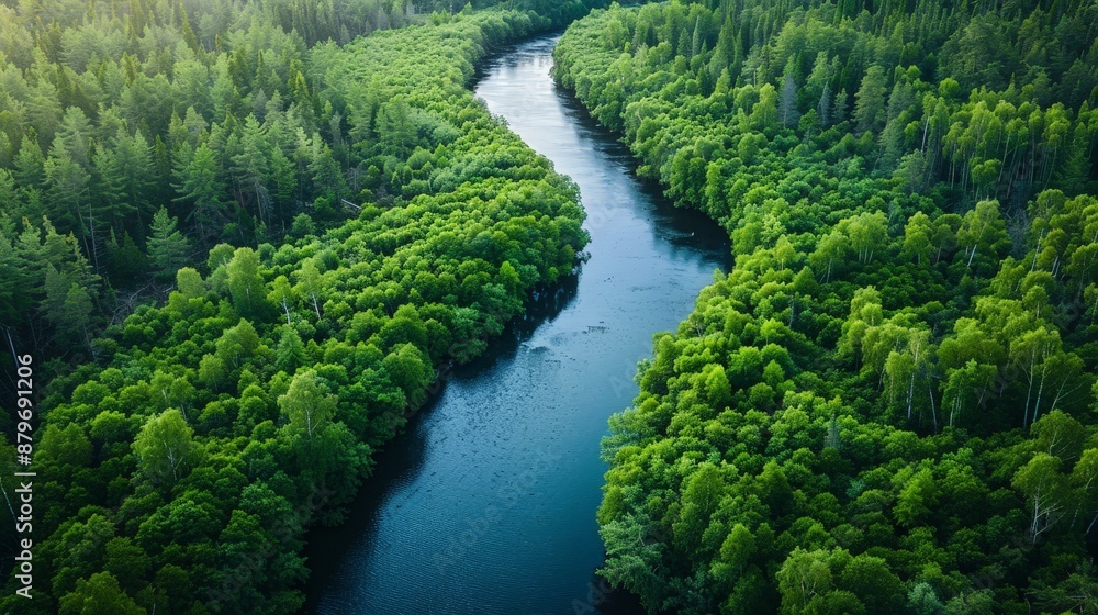 A tranquil river winding through a dense forest, dappled sunlight on the water A tranquil river winding through a dense forest, dappled sunlight on the water