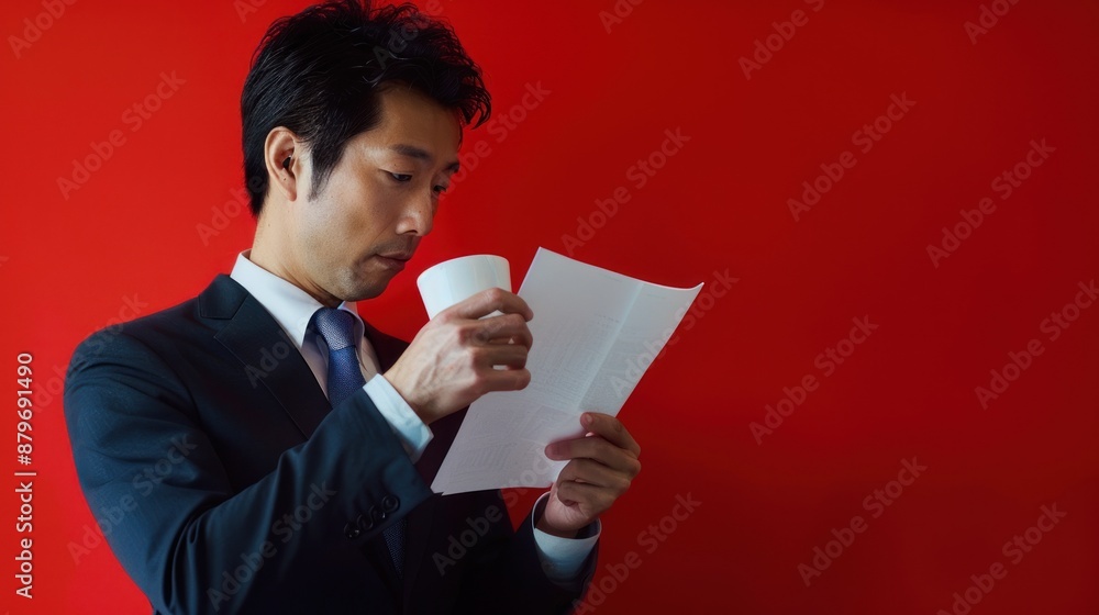 Close-up of a Japanese businessman drinking coffee while reviewing documents, wearing a black suit and blue tie, standing in front of a bright red background, Portrait half-body, hyper-realistic, Close-up of a Japanese businessman drinking coffee while reviewing documents, wearing a black suit and blue tie, standing in front of a bright red background, Portrait half-body, hyper-realistic,