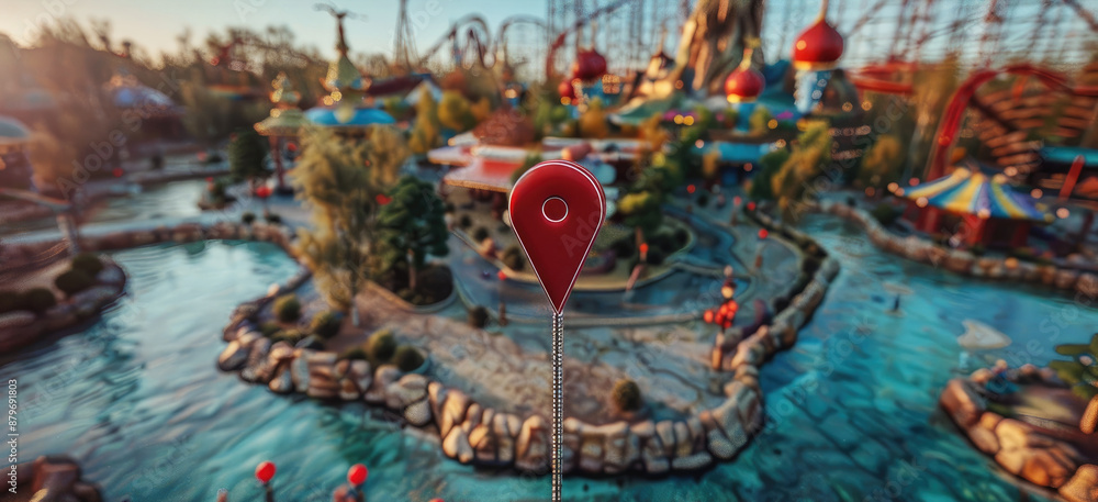 Obraz premium A big red location icon floating on a theme park. Generative AI.