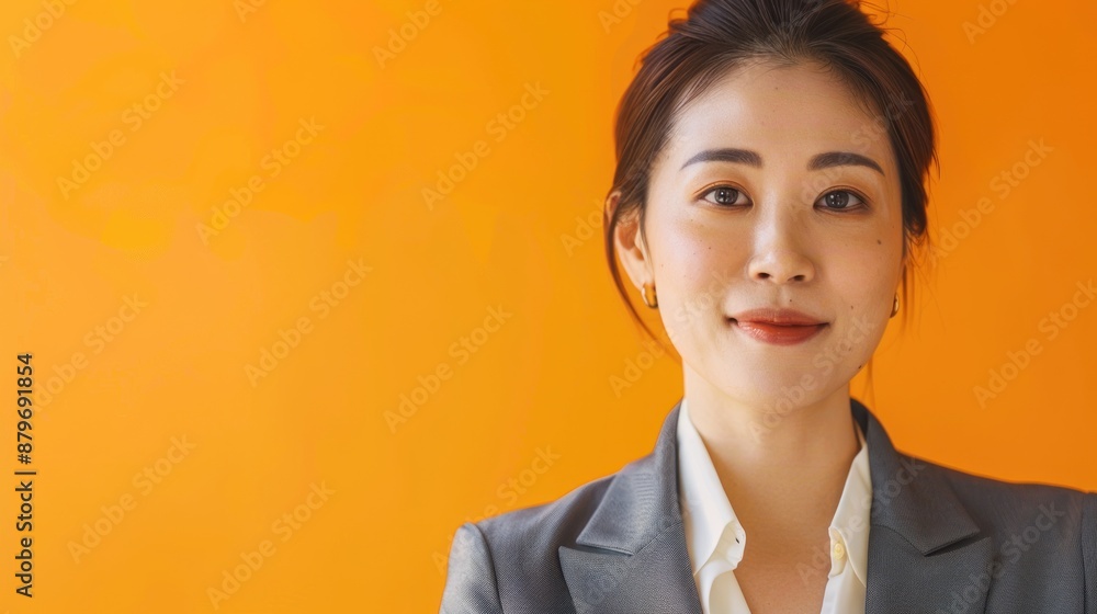Close-up of a Japanese businesswoman explaining a strategy to a team, wearing a grey blazer and white blouse, standing in front of a bright orange background, Portrait half-body, hyper-realistic, Close-up of a Japanese businesswoman explaining a strategy to a team, wearing a grey blazer and white blouse, standing in front of a bright orange background, Portrait half-body, hyper-realistic,