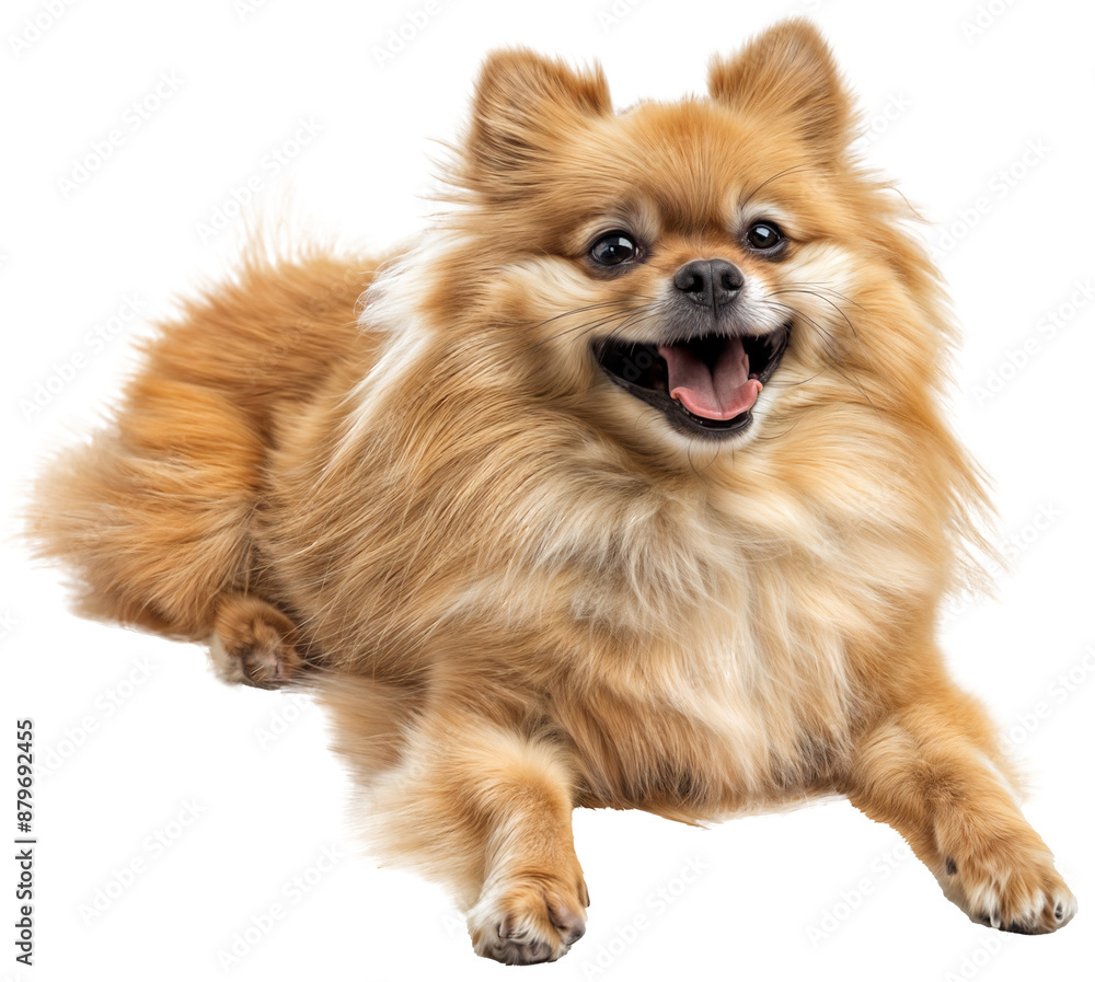 Cheerful Pomeranian Dog Lying Down on Transparent Background, Perfect for Pet Care Advertising Cheerful Pomeranian Dog Lying Down on Transparent Background, Perfect for Pet Care Advertising