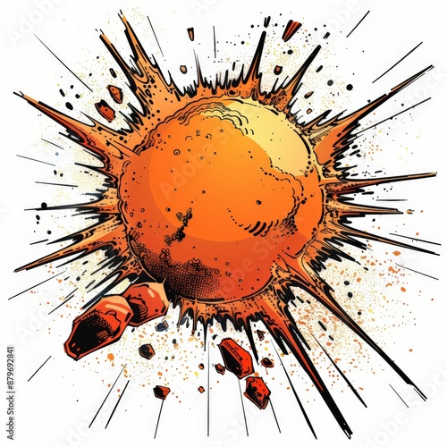 Explosive Comic Style Illustration of a Fiery Planet with Debris and Dynamic Energy Bursts