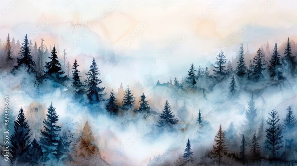 dreamy watercolor scene of tree tops covered in morning mist dreamy watercolor scene of tree tops covered in morning mist