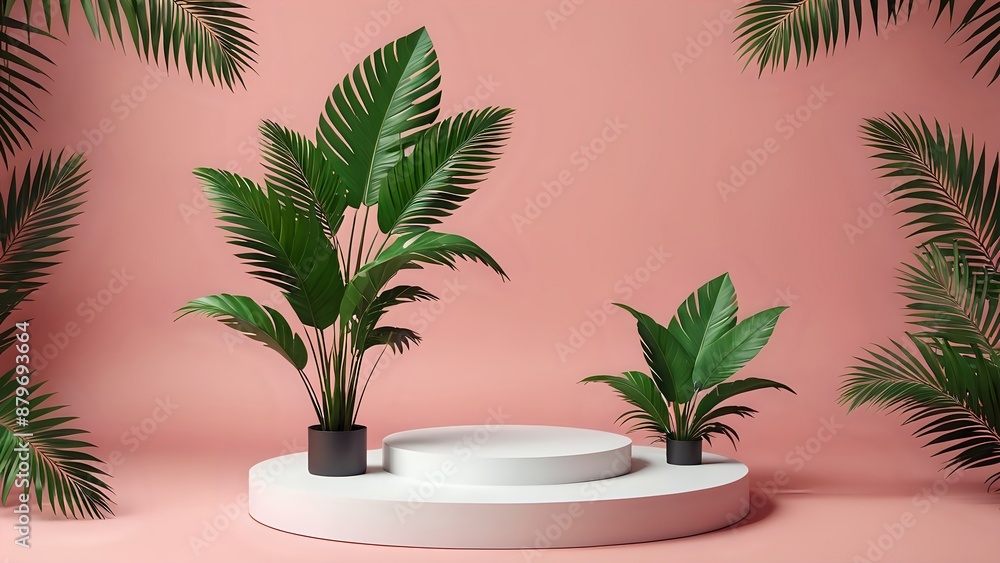 Two potted plants with green leaves frame a white pedestal. The background is a light pink. Two potted plants with green leaves frame a white pedestal. The background is a light pink.