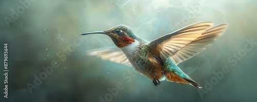 A photorealistic image of a hummingbird hovering in mid-air, its wings beating so fast they blur into motion. photo