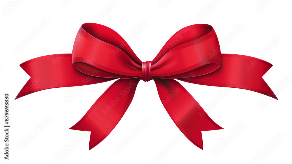 Fototapeta premium Red gift ribbon bow of silk or satin used on a Christmas or birthday present, png file cut out and isolated on a transparent background, festive stock illustration image