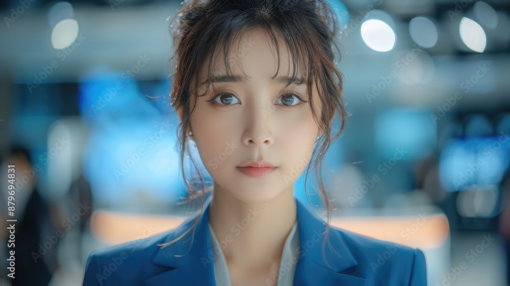 Chinese female anchor, wearing blue suit and skirt, news background with light gray-blue lines. Generative AI. Chinese female anchor, wearing blue suit and skirt, news background with light gray-blue lines. Generative AI.