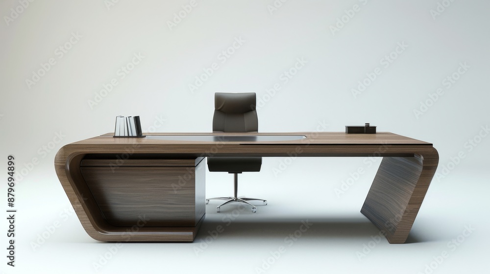 A modern desk with a sleek design and ample workspace, set against a white backdrop A modern desk with a sleek design and ample workspace, set against a white backdrop