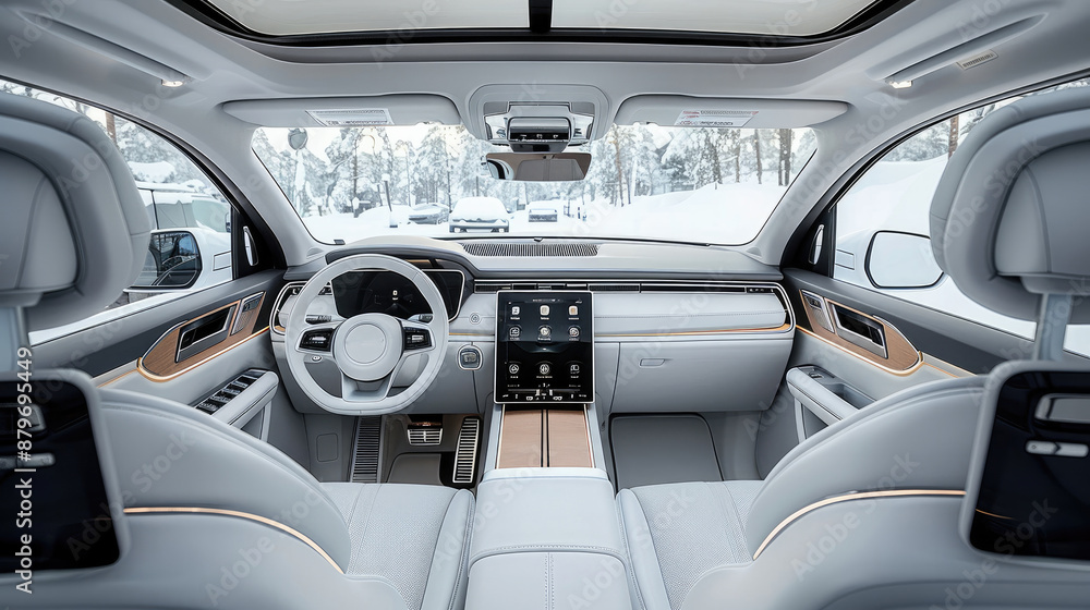 Obraz premium The SUV has a large rear space, three seats, all-white leather interior, center console and flat-panel touch screens on both sides, a head-up display above one screen. Generative AI.