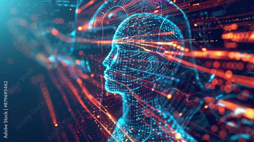 A digital rendering of a human head made of glowing lines and dots symbolizes artificial intelligence. The vibrant blue and orange colors highlight advanced technology A digital rendering of a human head made of glowing lines and dots symbolizes artificial intelligence. The vibrant blue and orange colors highlight advanced technology