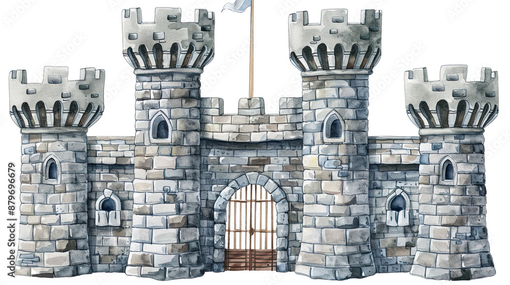 Obraz premium Watercolor Fort Surrounded Castle Isolated on White Background: Fantasy Art, Historical Fortress Illustration