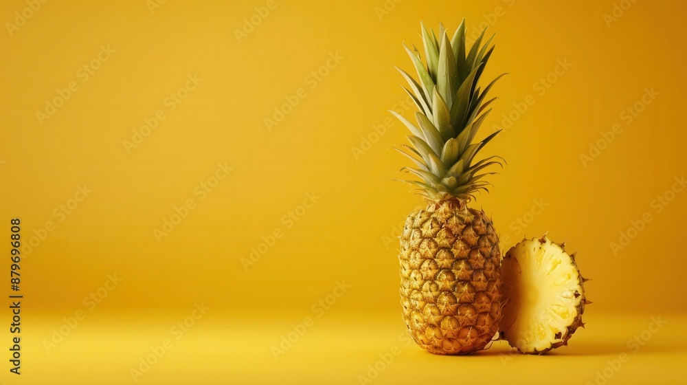 Fresh pineapple with a slice on a vibrant yellow background. Perfect for tropical themes, summer concepts, and healthy lifestyle imagery. Fresh pineapple with a slice on a vibrant yellow background. Perfect for tropical themes, summer concepts, and healthy lifestyle imagery.